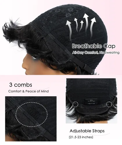 Vista 7 de QUEEN VIRGIN REMY QVR - Peluca de cabello humano con corte Pixie con flequillo, pelucas cortas para mujeres negras, cabello humano de diferentes