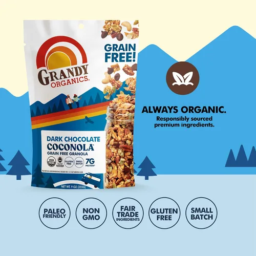 Vista 5 de Grandy Organics Chocolate oscuro y coconola - Granola orgánica certificada sin cereales - 0.27 oz de proteína - Sin gluten, sin OMG, vegano y paleo