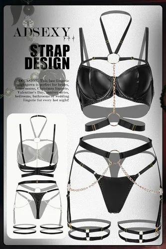 Vista 7 de ADSEXY Conjunto de lencería sexy de cuero con tiras de 5 piezas con aros y brasier push up, liguero, cadena, club nocturno, fiesta