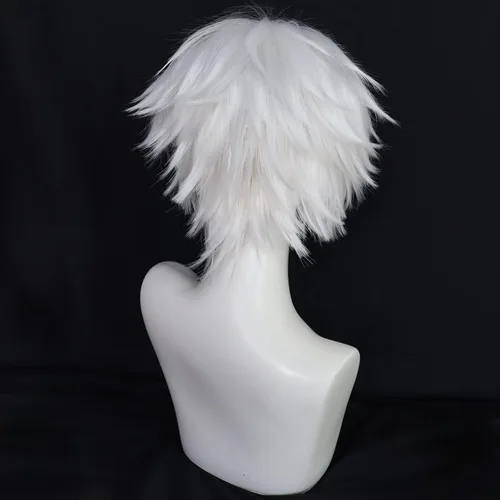 Vista 5 de Anogol Gorro de pelo + peluca corta blanca para hombres, peluca blanca para cosplay, peluca blanca corta para Halloween, evento de Navidad, fiesta