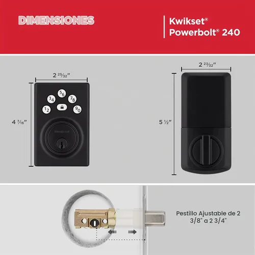 Vista 9 de Kwikset Powerbolt 240 Pestillo Electrónico Contemporáneo con Teclado de 5 Botones Negro Mate para Puerta, con Entrada sin Llave Conveniente, Códigos