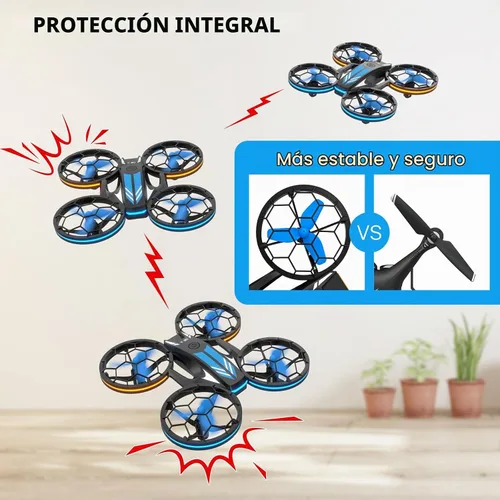 Vista 7 de Drones - Drone RC con auto flotante y modo sin cabeza, cuadricóptero con luz LED, hélice de protección completa, giros 3D, 3 baterías, control
