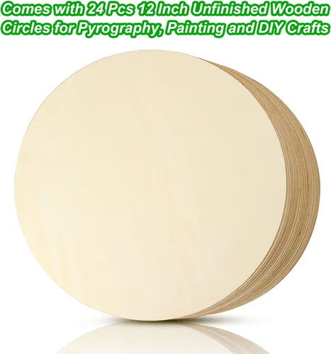 Vista 3 de Paquete de 24 hojas redondas de madera de tilo sin terminar de 12 pulgadas, hojas de madera contrachapada de madera en blanco para manualidades