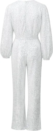 Vista 4 de Hugncmy Mono de manga larga con cuello en V para mujer, estilo casual, sexy, con lentejuelas, pantalones de pierna ancha, trajes de cuerpo