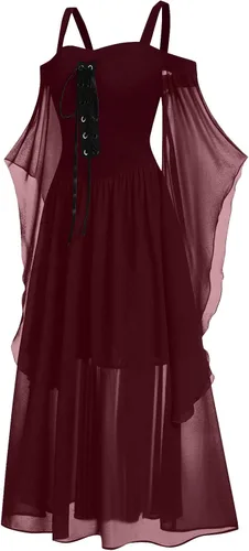 Vista 2 de Vestido gótico renacentista para mujer, disfraz de Halloween, hombros descubiertos, encaje, manga trompeta, vestido medieval steampunk, 07-vino