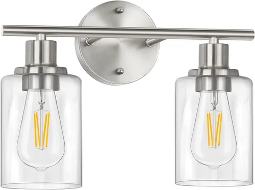 Vista 10 de Lámparas de baño, lámpara de tocador de latón cepillado de 2 luces, apliques de pared dorados, iluminación moderna de pared de baño montada en pared