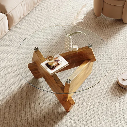 Vista 4 de Honyee Mesa de café redonda moderna, 78 cm x 78 cm x 41 cm con tapa de cristal templado para sala de estar, Color: Madera natural