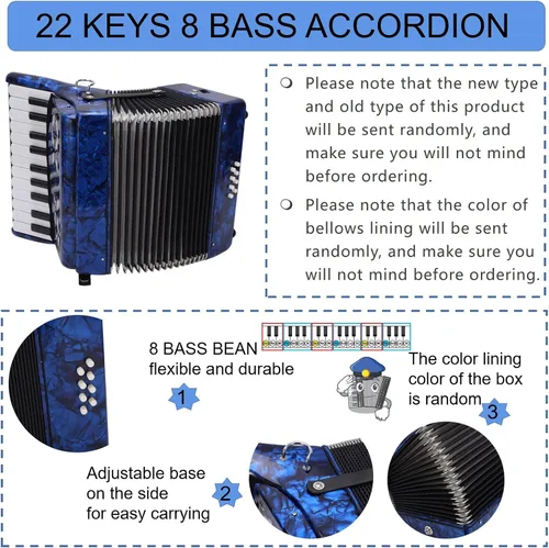 Vista 2 de Acordeones Para Adultos, Acordeón De Adulto Azul 22 Teclas 8 Bass Acordeón Instrumento Con Correas Ajustables Y Sonido Dulce Acordeón Portátil Para