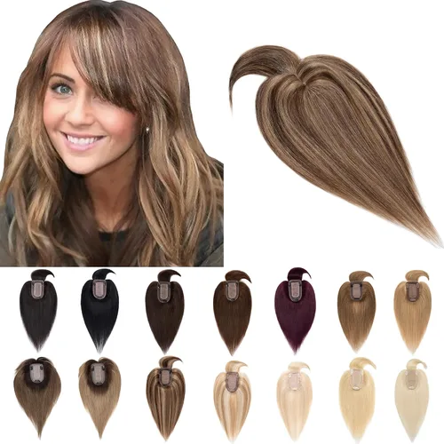 Vista 23 de SEGO Toppers para el cabello para mujer, cabello humano real con flequillo, 2.8 x 5.1 in, base de seda, 100% cabello humano Remy, clip en la parte