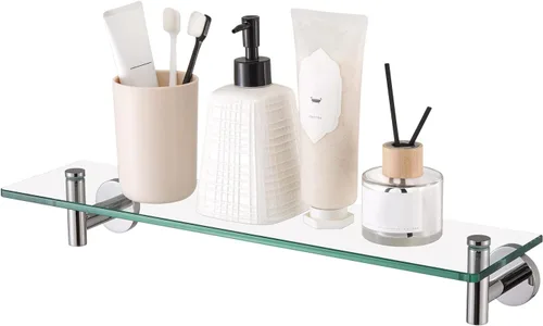 Vista 12 de KES Estante de baño de vidrio con vidrio templado de 8 mm de grosor y soportes negros mate de acero inoxidable SUS 304 de 20 pulgadas, organizador