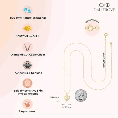 Vista 4 de Cali Trove Diamond Double Heart Necklace For Women 120 Ct Natural Diamonds 10KT White, Rose, Yellow Gold 18 Inch Chain Necklace Minimalist