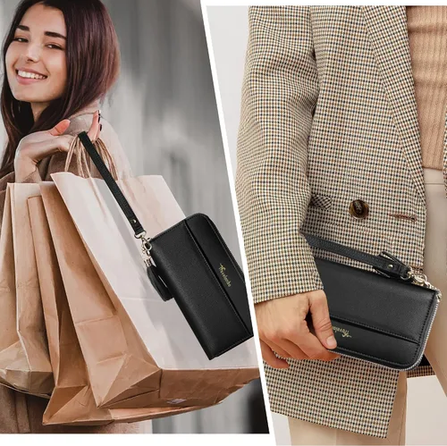 Vista 5 de Travelambo Cartera con borla plegable para mujer, bolso de mano con correa para la muñeca, bolso largo