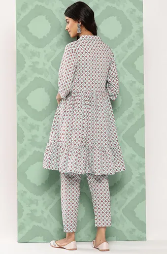 Vista 7 de Janasya Kurta con pantalón con motivos étnicos de algodón azul cielo para mujer