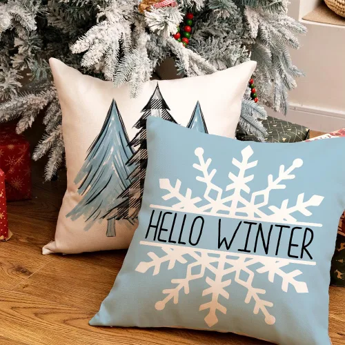 Vista 5 de GEEORY Juego de 4 fundas de almohada de Navidad de 18 x 18 pulgadas para decoraciones de Navidad, árbol de Navidad, alegría, nieve, Navidad feliz