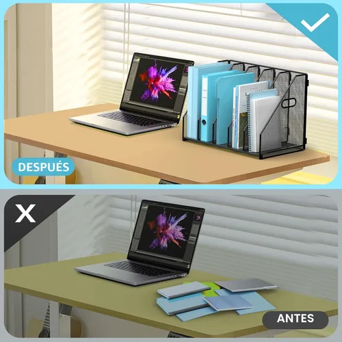 Vista 4 de MINDEPOT Organizador de Archivos de Escritorio de Metal Soporte para Carpetas de Revistas de Escritorio con 5 Compartimentos Verticales Organizador