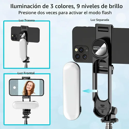 Vista 3 de Trípode estable para selfie stick con luz de relleno, palo selfie extensible de 44 pulgadas con control remoto inalámbrico y soporte de trípode Negro