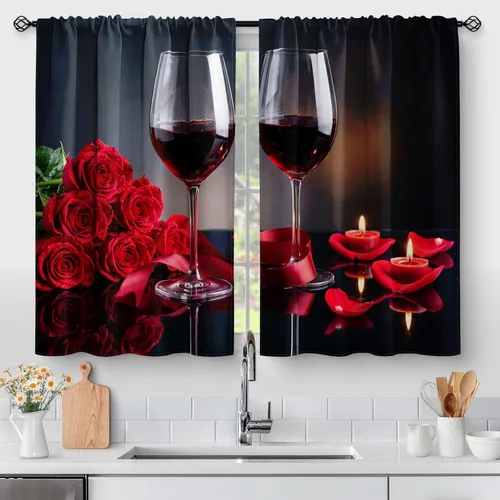 Vista 19 de Aimego - Cortinas de cocina con plantas rústicas y flores de primavera, botánicas, con hojas verdes, cortas, para cafetería, baño, con bolsillo