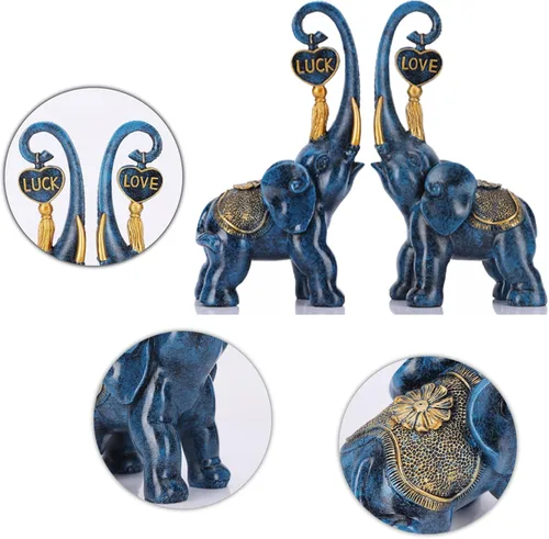 Vista 6 de DOVDOV Juego de 2 piezas de estatua de elefante azul, escultura de elefante de amor, elefante azul para decoración del hogar, estantería de oficina