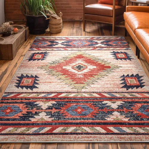 Vista 11 de Well Woven Tulsa Lea Azul Alfombra Tradicional Tribal del Suroeste 5x7 (5'3" x 7'3")