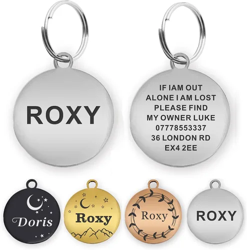 Vista 9 de Etiquetas de perro grabadas para mascotas, etiquetas de nombre de perro personalizadas, etiquetas de identificación para perros pequeños, etiquetas