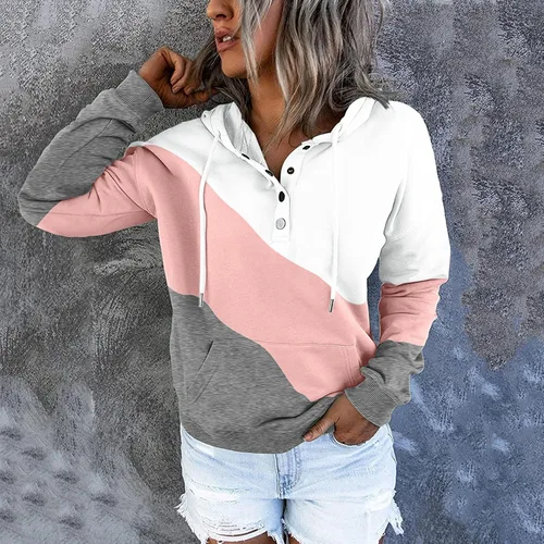 Vista 3 de Sudaderas con capucha de moda con bloques de color para mujer sueltas casuales con botones manga larga con cordón con bolsillo