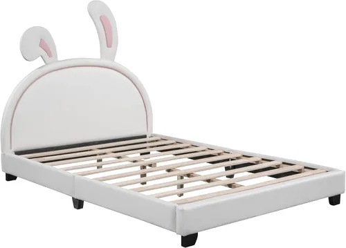 Vista 3 de Bonita cama tapizada de piel sintética de tamaño matrimonial con adorno de conejo y cabecero, para uso en la habitación de niños y niñas