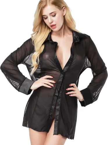 Vista 4 de Pijamas sexy Sheer Sleepshirt ETAOLINE de manga larga blusa de malla de lencería