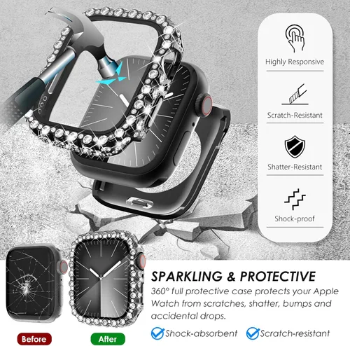 Vista 4 de Surace - Carcasa impermeable 2 en 1 para Apple Watch Series 6, 5, 4, SE de 1.575 pulgadas Lace Edge Diamond Protective Bumper Cover Built-in