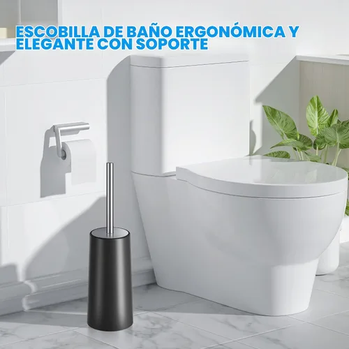Vista 6 de Juego de escobilla de inodoro y soporte, 2 unidades, escobilla de inodoro con mango largo de acero inoxidable 304, cepillo de inodoro para baño Negro
