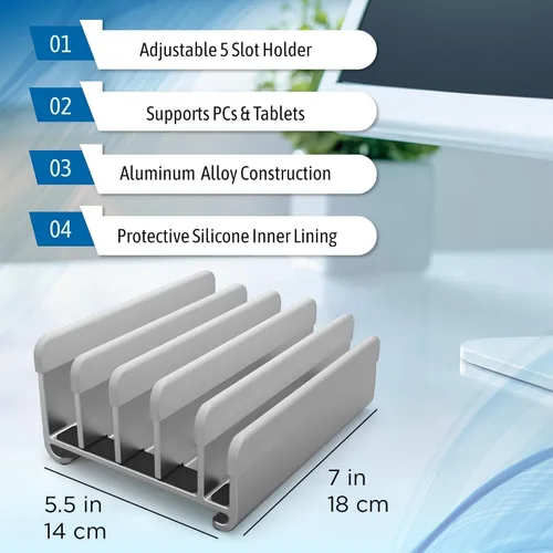 Vista 8 de Elestoria Soporte vertical para laptop de 5 ranuras, soporte vertical de aluminio para computadora de escritorio, ancho ajustable (0.472-1.496 in)