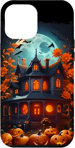 Vista 25 de iPhone 16 Halloween Spooky Haunted House Bats & Carved Pumpkins Case