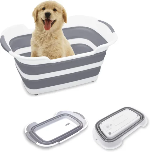 Vista 8 de Goderewild Bañera plegable multiusos para mascotas con orificio de drenaje para cachorros, perros pequeños, gatos, cesta de lavandería portátil Verde
