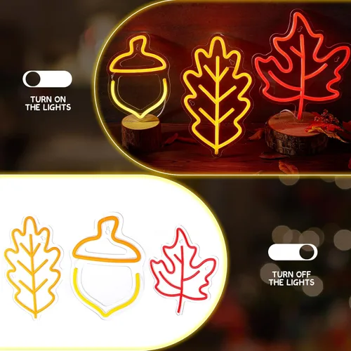 Vista 5 de ROCEEI 3 piezas de letrero de neón de Acción de Gracias 2026, luces de ventana de otoño, decoración de otoño, hojas de arce, bellota, luces LED