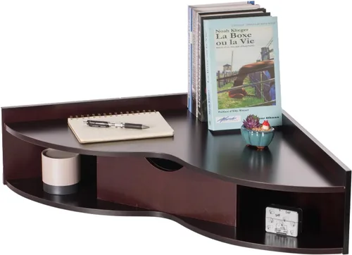 Vista 8 de Basicwise Mesa de oficina montada en la pared en forma de corazón blanco con cajón y dos estantes Escritorio de esquina de escritura