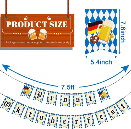 Vista 2 de Cartel de Oktoberfest, 3 piezas de bandera de Oktoberfest Prost decoración colgante guirnalda blanca y azul bávara de cerveza alemana festival