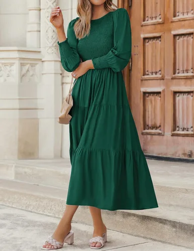 Vista 4 de ZESICA Vestido midi casual de manga larga con cuello redondo, cintura alta, fruncido, fluido y escalonado para mujer