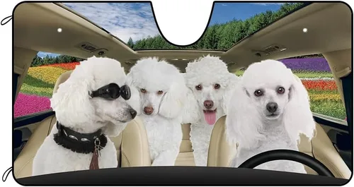 Vista 24 de Parasol para parabrisas delantero de automóvil para perro, caniche de almendra, hermosas flores, decoración para vehículo, reflector de rayos UV