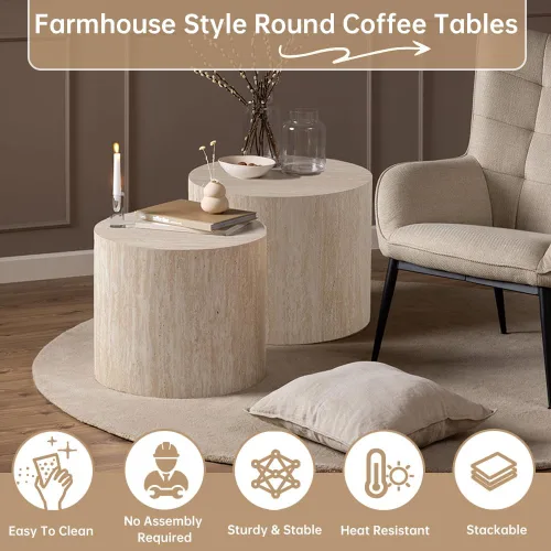 Vista 3 de Juego de 2 mesas auxiliares redondas de travertino de 18 pulgadas (travertino) for Living Room, Travertine Side End Table, Nested Design, Mid