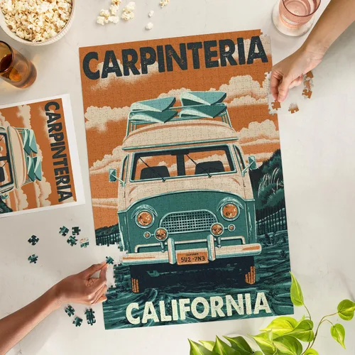 Vista 3 de Lantern Press Carpinteria, California, Letterpress, Camper Van 1000 Piece Jigsaw Puzzle for Adults, Made in USA with Reference Poster