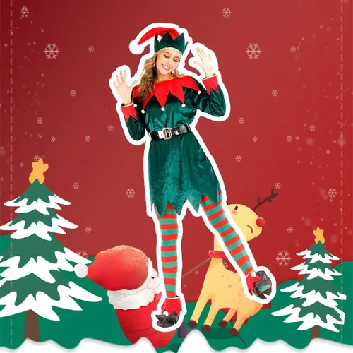 Vista 2 de Disfraz de elfo de Papá Noel para adultos, juego completo de fiesta de cosplay verde para la familia