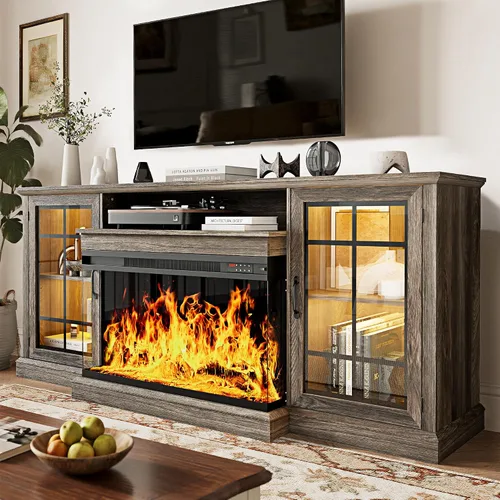 Vista 14 de MXV - Soporte de chimenea para TV de 59 pulgadas, centro de entretenimiento estilo granja con soporte de TV de 3 lados de vidrio, consola multimedia