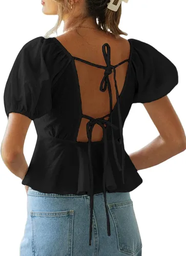 Vista 2 de Remidoo Blusa corta de manga corta abombada con cuello en V y dobladillo con volantes para mujer