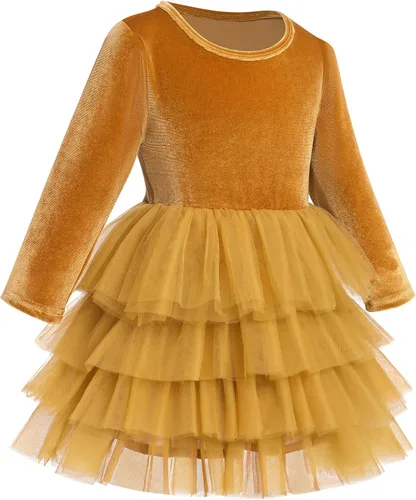 Vista 2 de Vestido de tutú de tul escalonado de terciopelo de manga larga para otoño e invierno para niñas y niñas