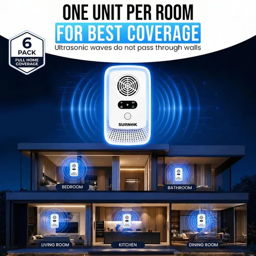 Vista 7 de Repelente ultrasónico de plagas para interiores, paquete de 6 – Dispositivo electrónico repelente de ratones y roedores, repelente de ratas