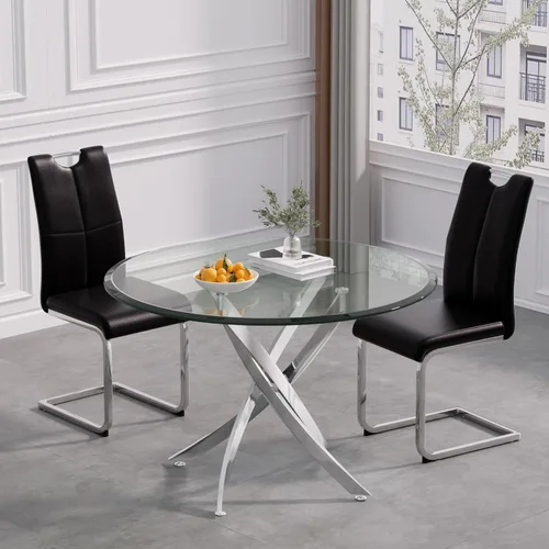 Vista 14 de Juego de mesa de comedor de cristal de lujo de 36 pulgadas para 2, mesa de comedor redonda moderna de 3 piezas con 2 sillas de comedor de cuero