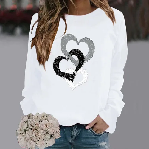 Vista 3 de Camisas de San Valentín para mujer, sudadera con estampado de corazón de amor, casual, manga larga, cuello redondo, suéter sin botones