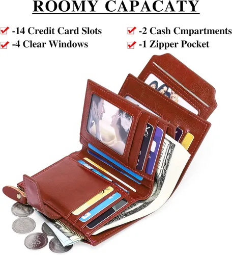 Vista 2 de FALAN MULE - Cartera de cuero auténtico para mujer pequeña plegable compacta con interferencia de radiofrecuencia RFID