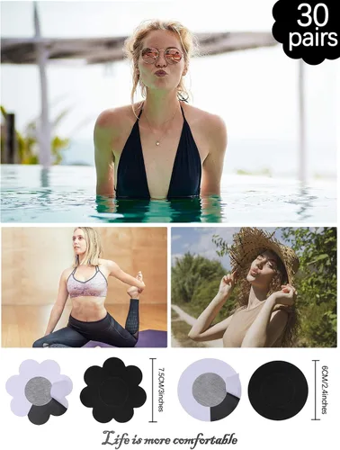 Vista 4 de 30 pares de fundas para pezones, pétalos de pezón para mujeres, autoadhesivos, desechables, para mujeres