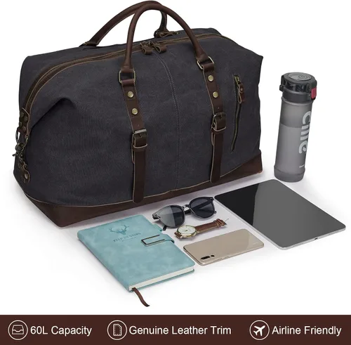 Vista 27 de S-ZONE - Bolsa de viaje de lona sobredimensionada con adornos de cuero genuino, bolsa deportiva de hombro de fin de semana, bolso de fin de semana