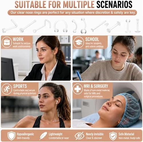 Vista 7 de Paquete de 76 Retenedores de Piercing Transparentes, Joyería Corporal Bioflex para Ceja, Labio, Septum, Nariz, Pezón, Ombligo, Lengua, Tragus Kit